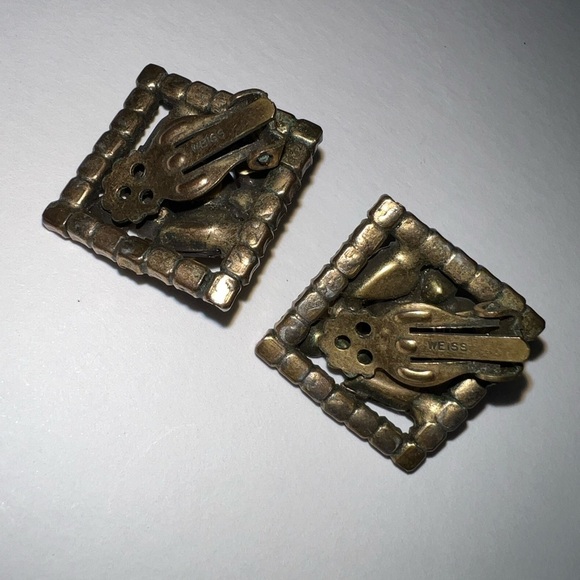 Vintage Weiss 1950s Amber Rhinestone Square Clip On Earrings - Picture 6 of 11